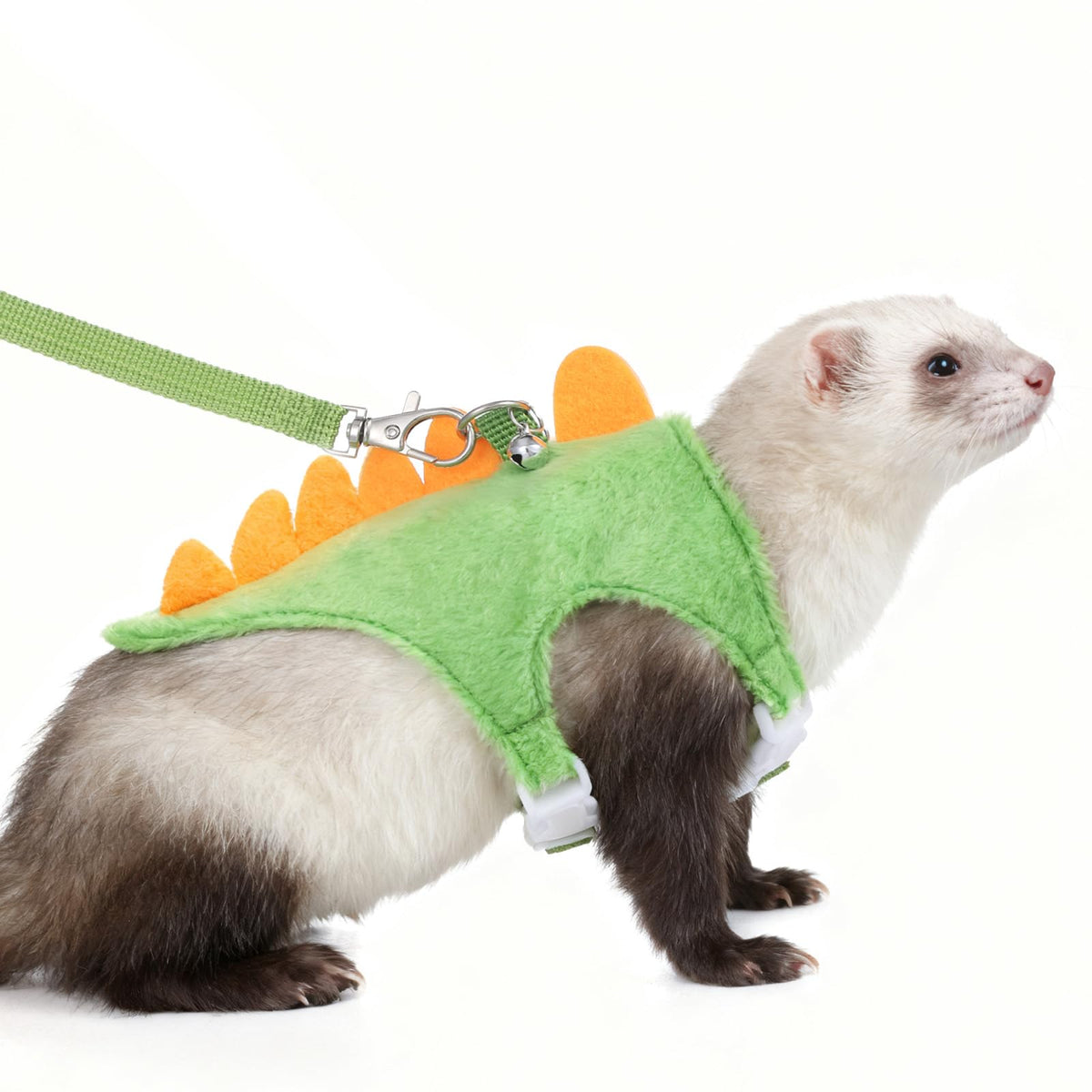 Zelphvt ferret harness with dinosaur design close-up showing adjustable straps for secure fit