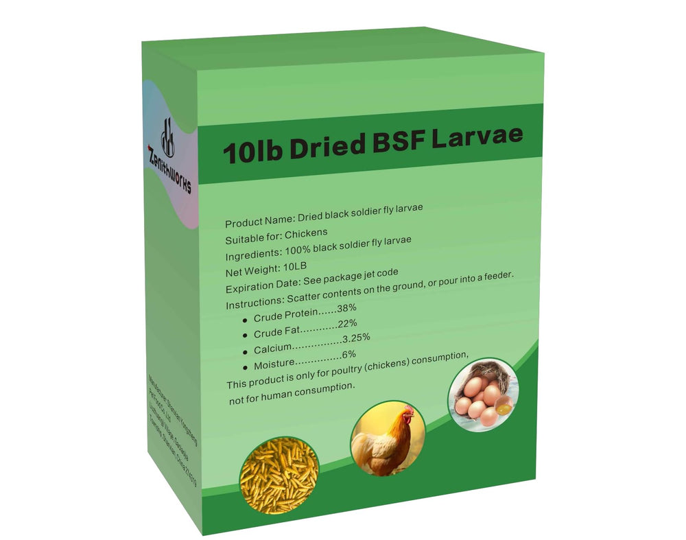 ZenithWorks dried BSF larvae bag highlighting high-protein poultry feed for chickens