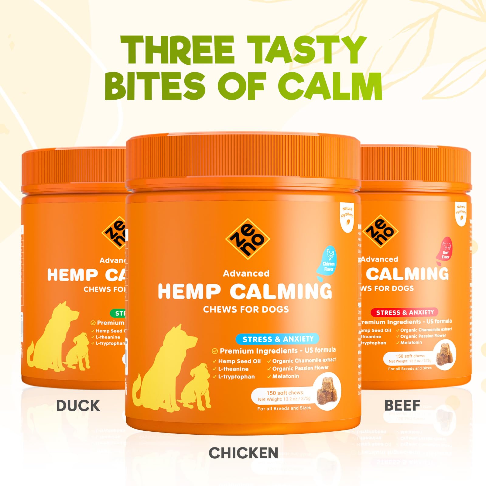 ZENO hemp calming chews shown during a thunderstorm scene for quick comfort.