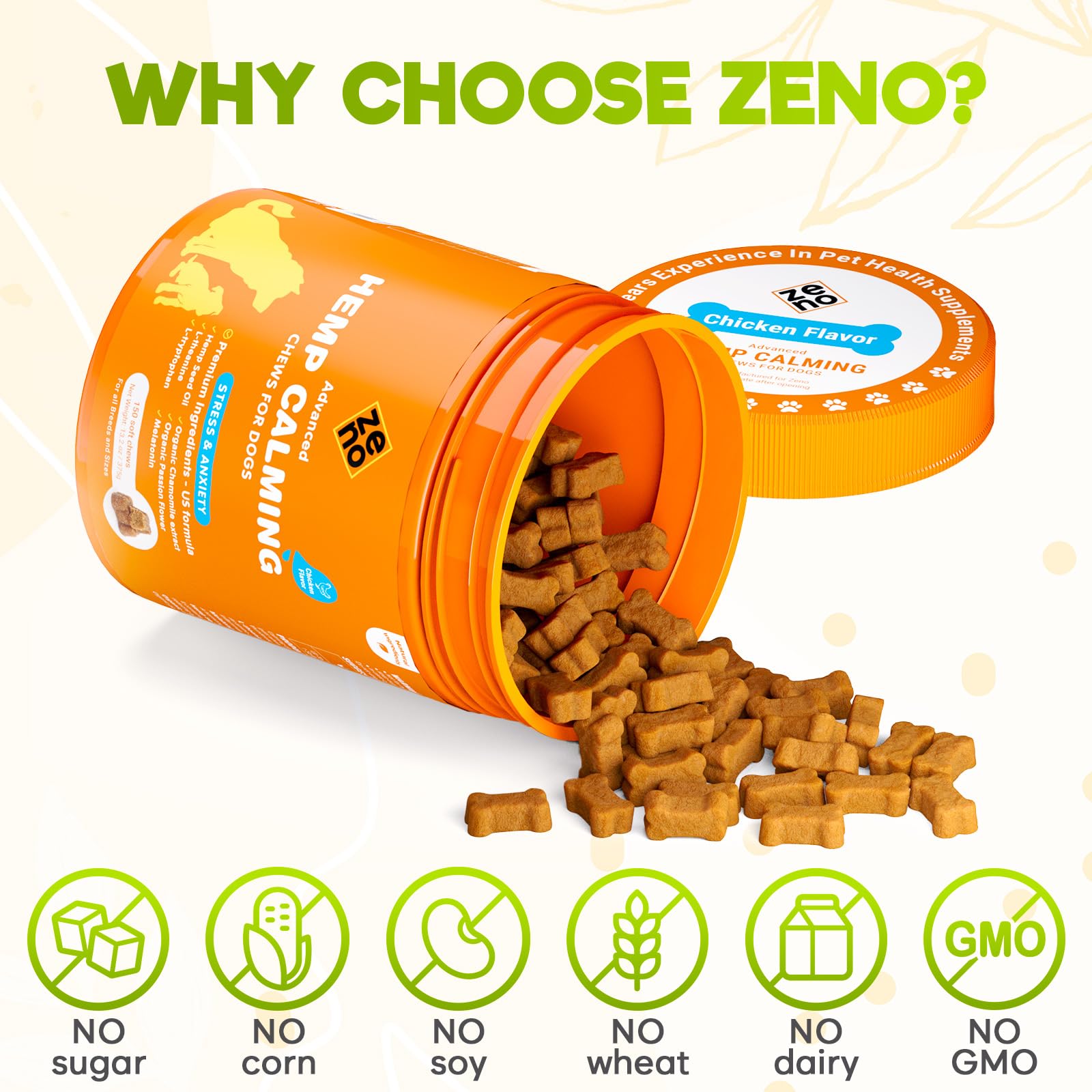 ZENO calming chews near vet label indicating vet approved anxiety relief options.