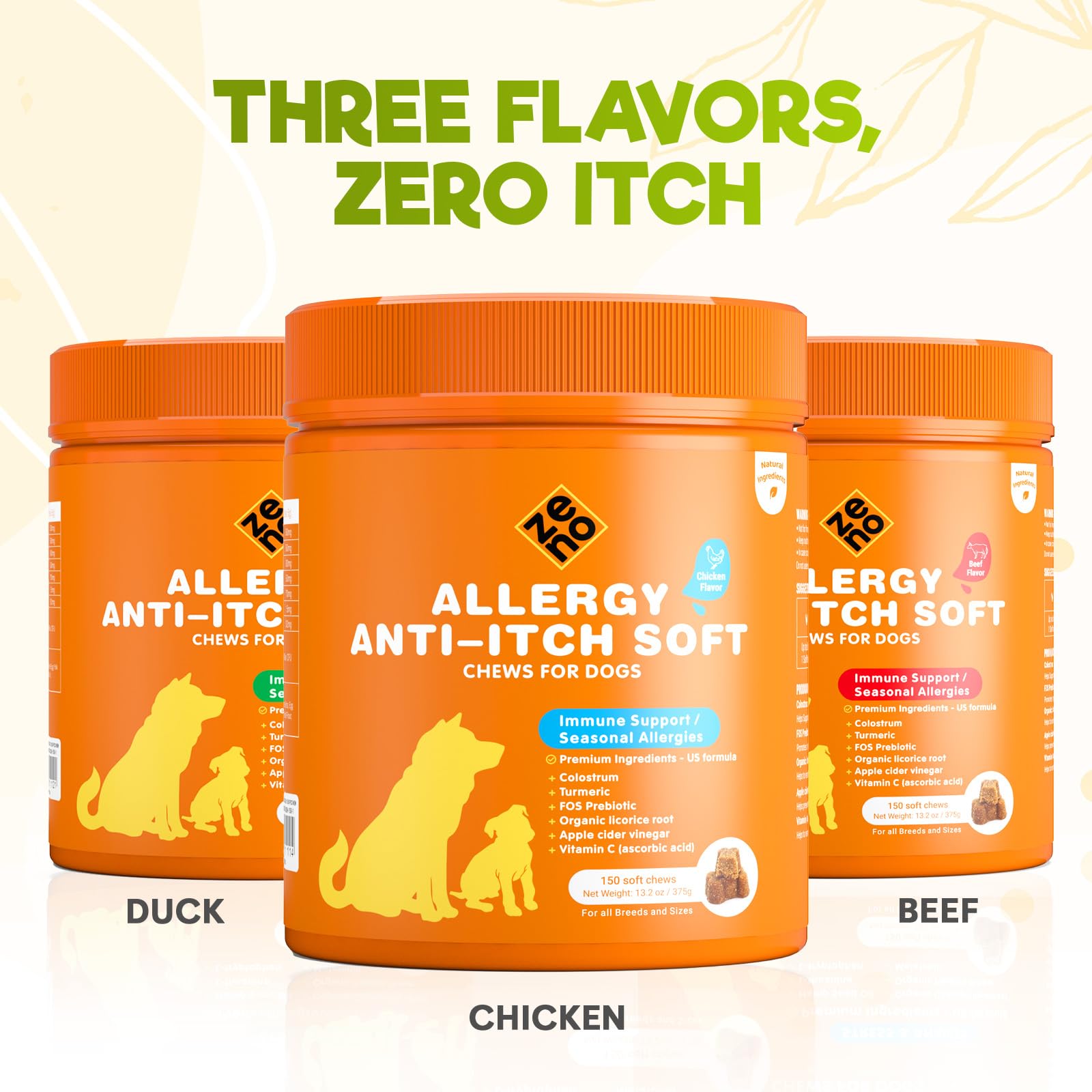 ZENO Dog Allergy Chews customer service banner underscores ongoing brand support and guidance.