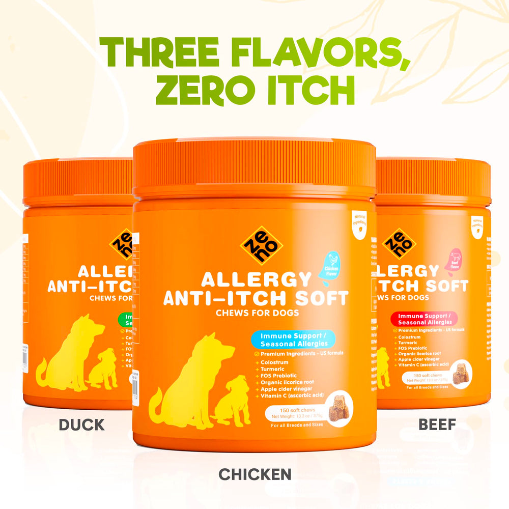 ZENO Dog Allergy Chews customer service banner underscores ongoing brand support and guidance.