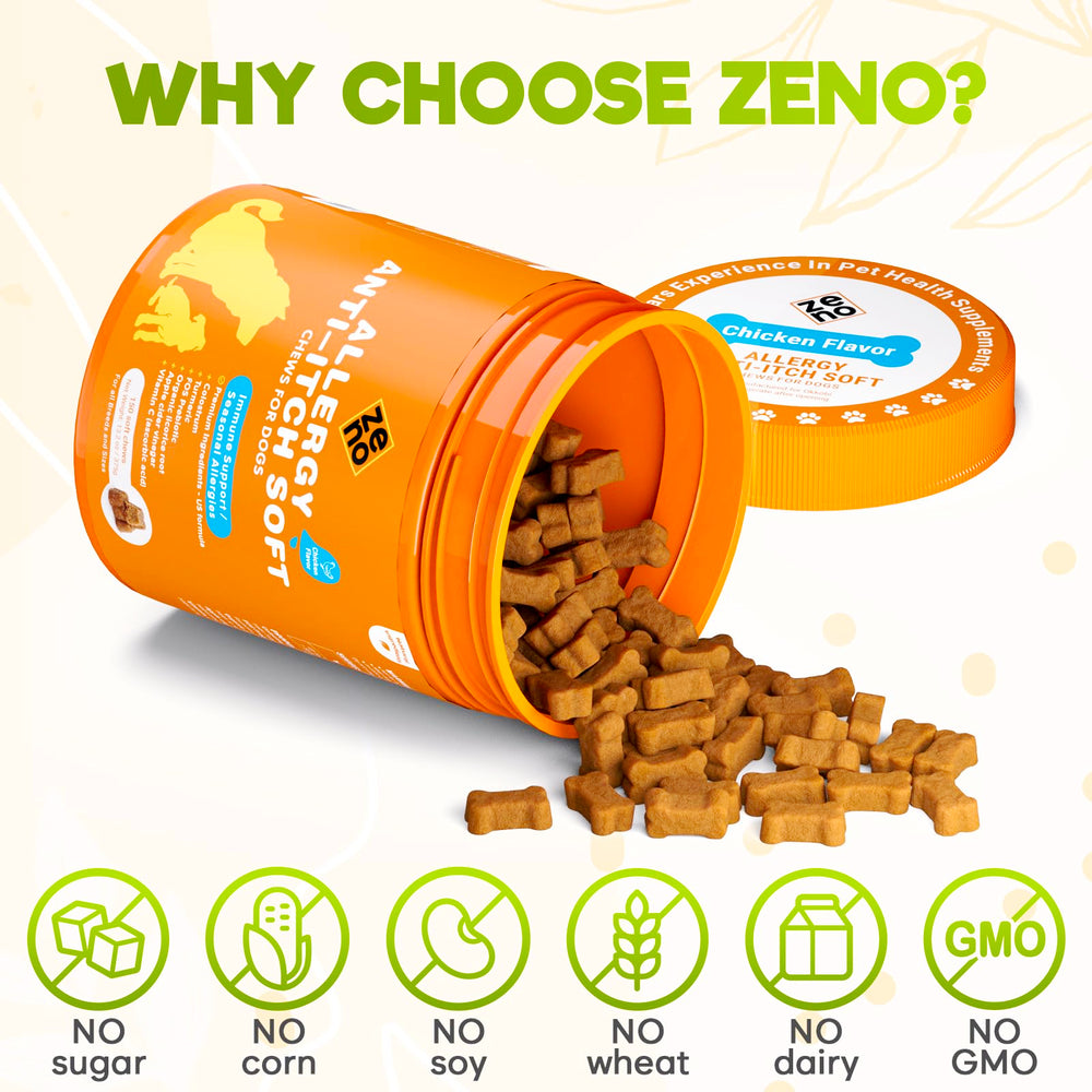 ZENO Dog Allergy Chews digestion-support image highlights probiotics and prebiotics for gut-friendly wellness.