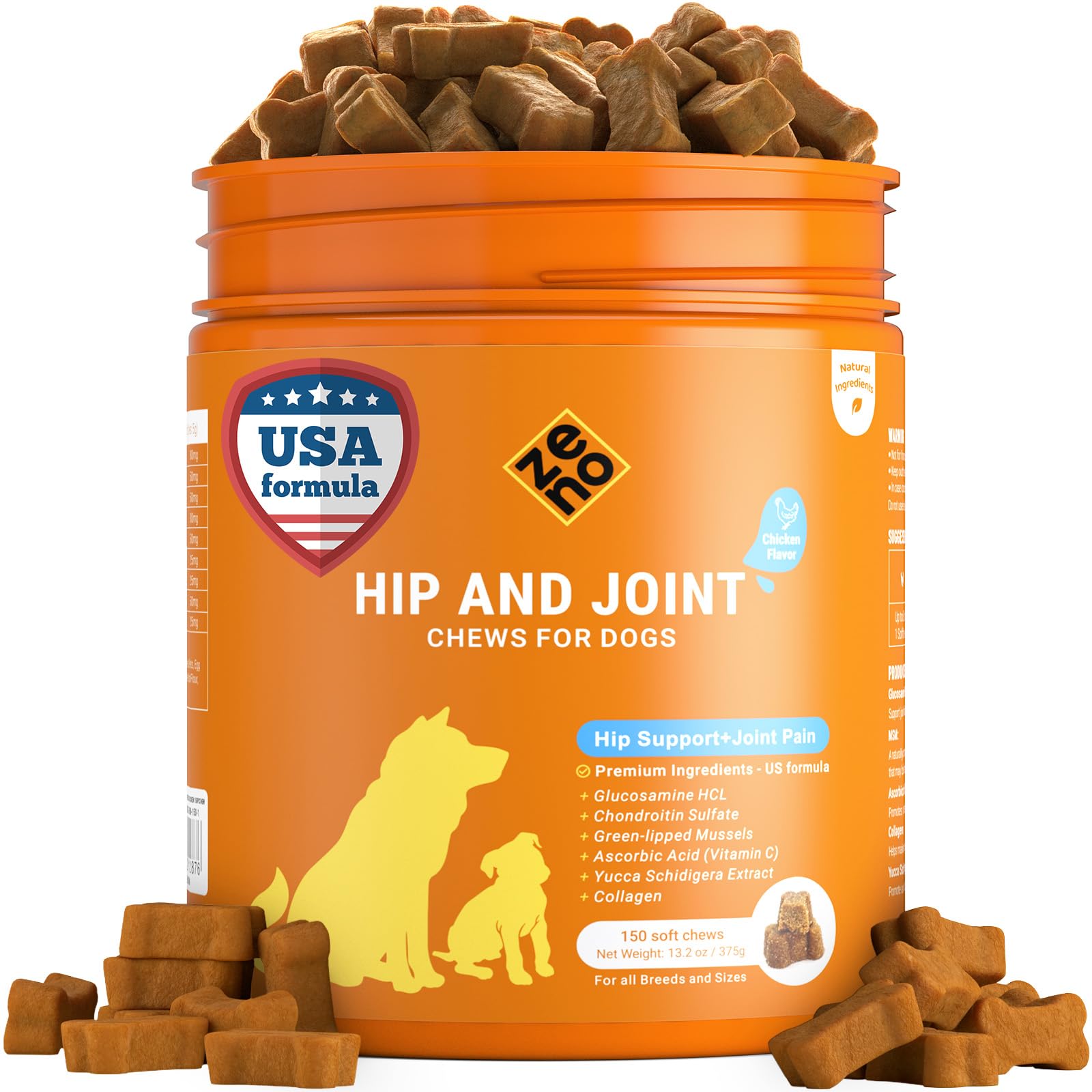 ZENO dog joint chews chicken flavor bottle show for easy administration