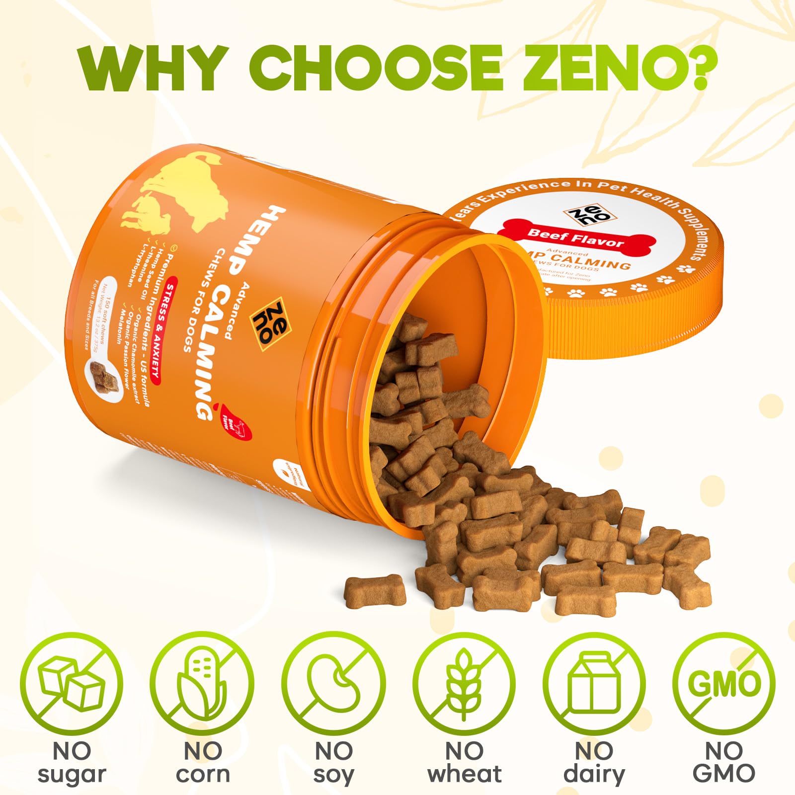 ZENO melatonin-l-theanine-chamomile blend closeup suggests natural relaxation between vet visits.