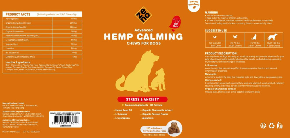 Display of ZENO calming chews flavor range featuring beef, chicken, and duck