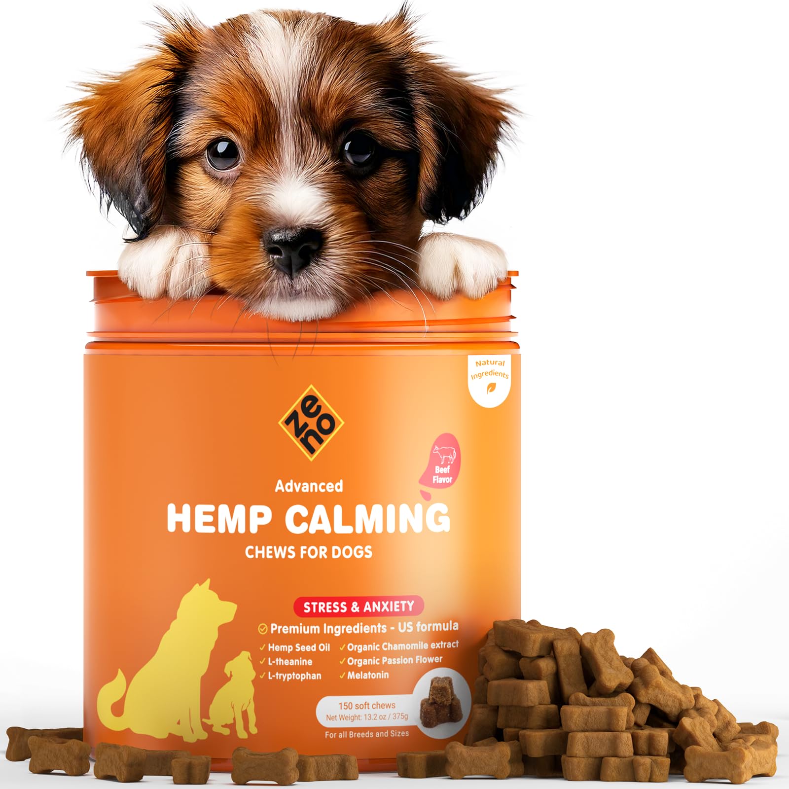 ZENO hemp calming chews for dogs in a beef bottle helps calm anxious dogs during daily routines.