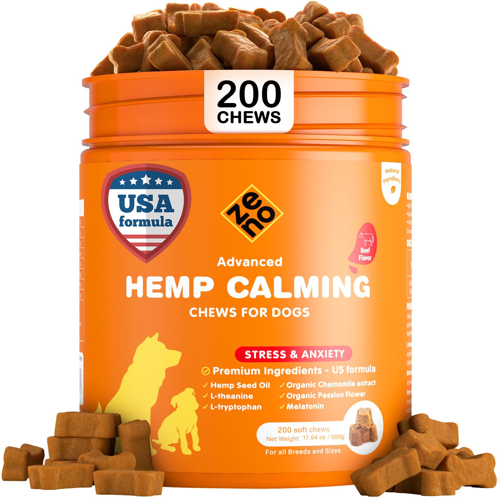 ZENO Hemp Calming Chews beef flavor bottle promotes calmness in dogs