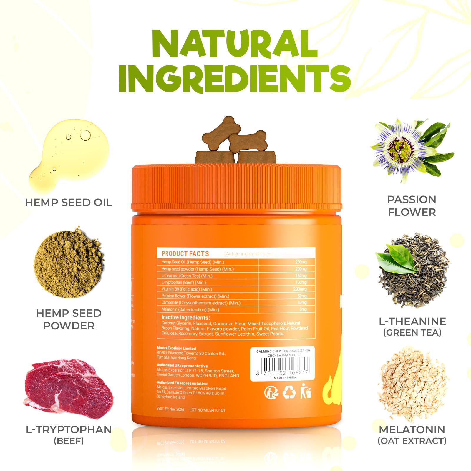 ZENO hemp ingredients graphic highlighting natural anxiety support for dogs