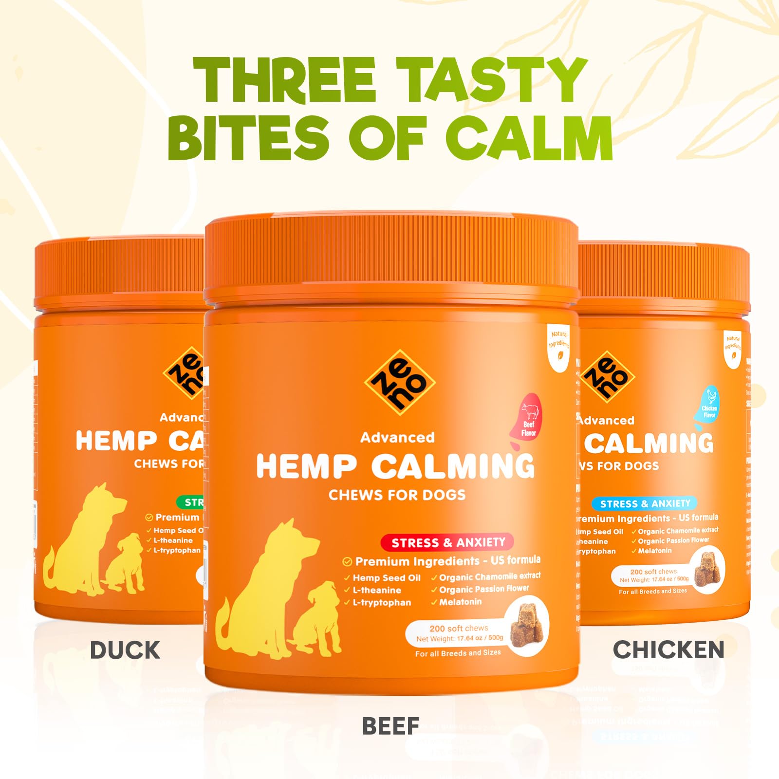 Front of ZENO 200-count packaging for hemp calming chews