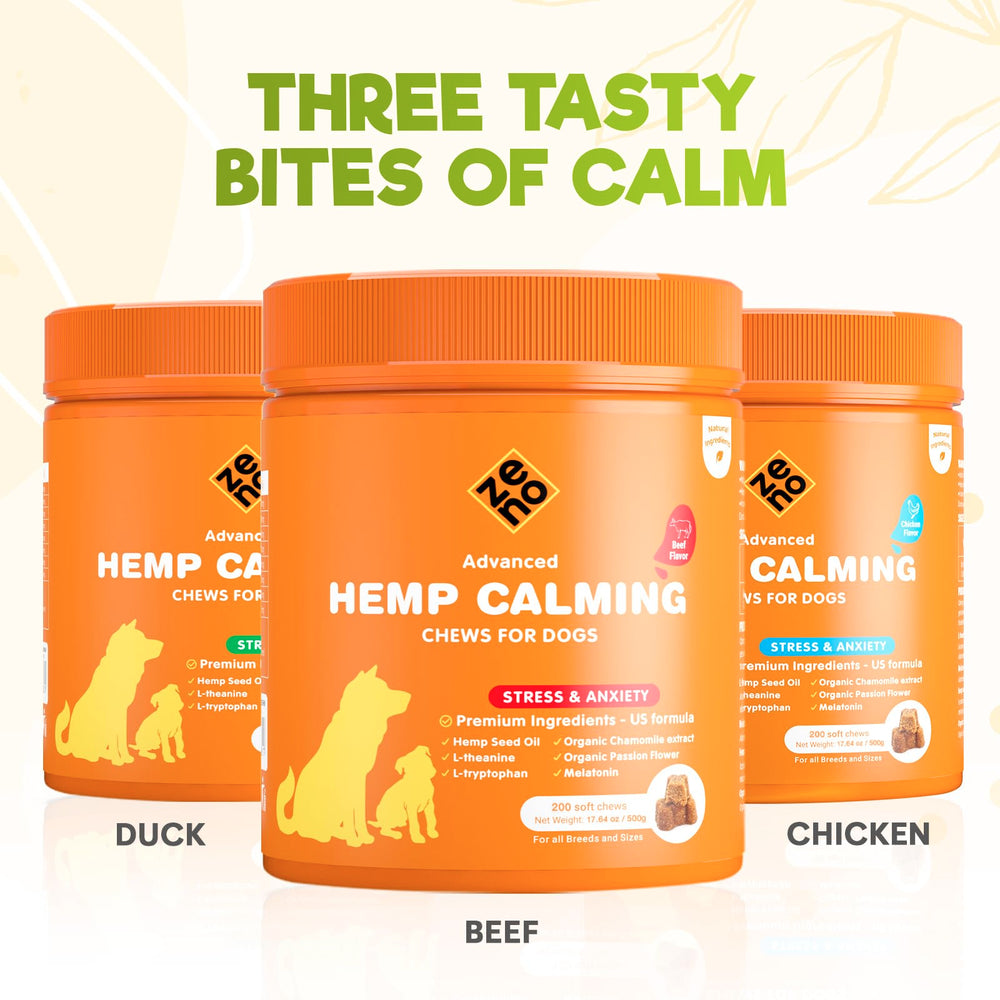 Front of ZENO 200-count packaging for hemp calming chews