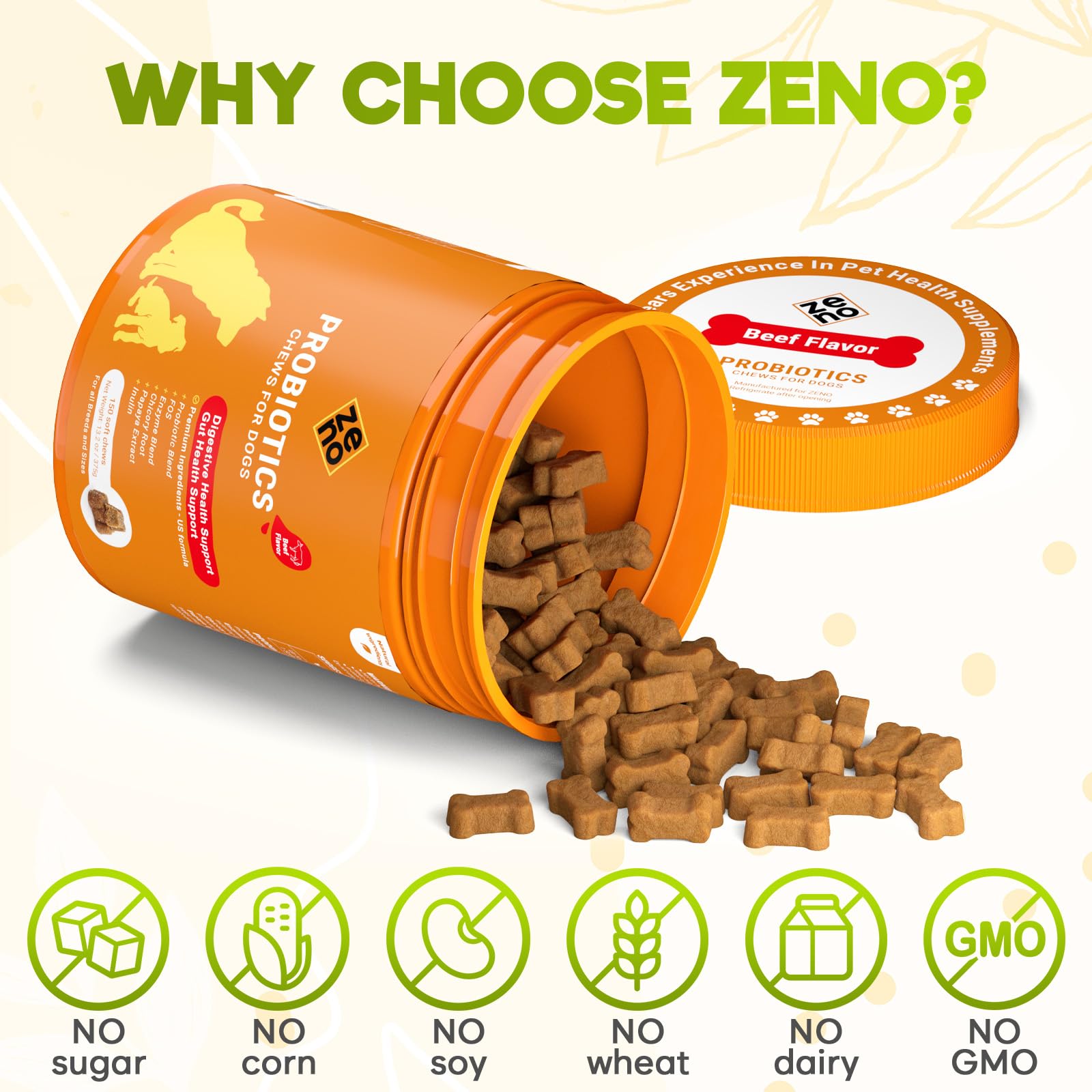 ZENO Probiotics for Dogs Chews enzyme blend label for gut balance.