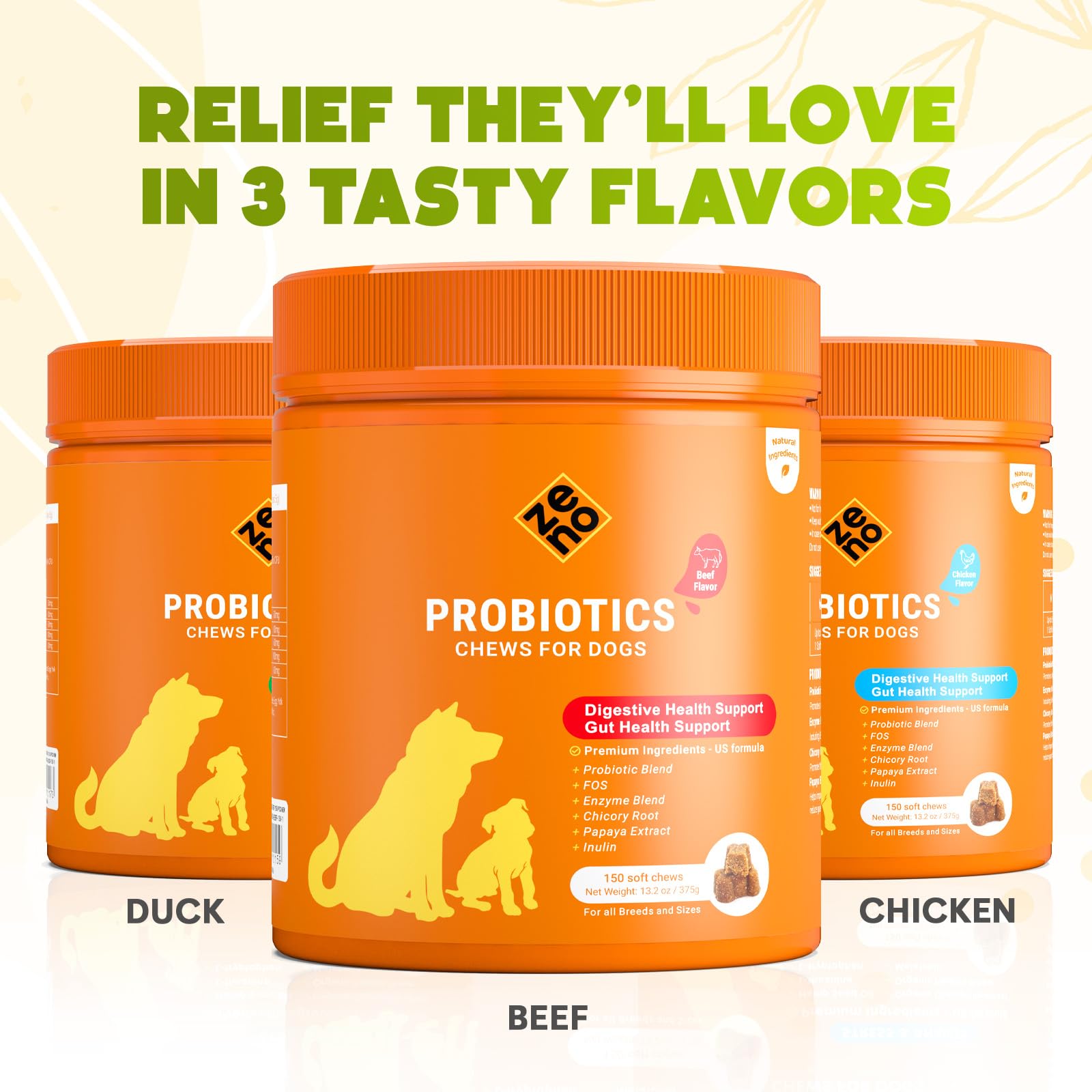 ZENO Probiotics for Dogs Chews bottle with label fast-acting gut support.