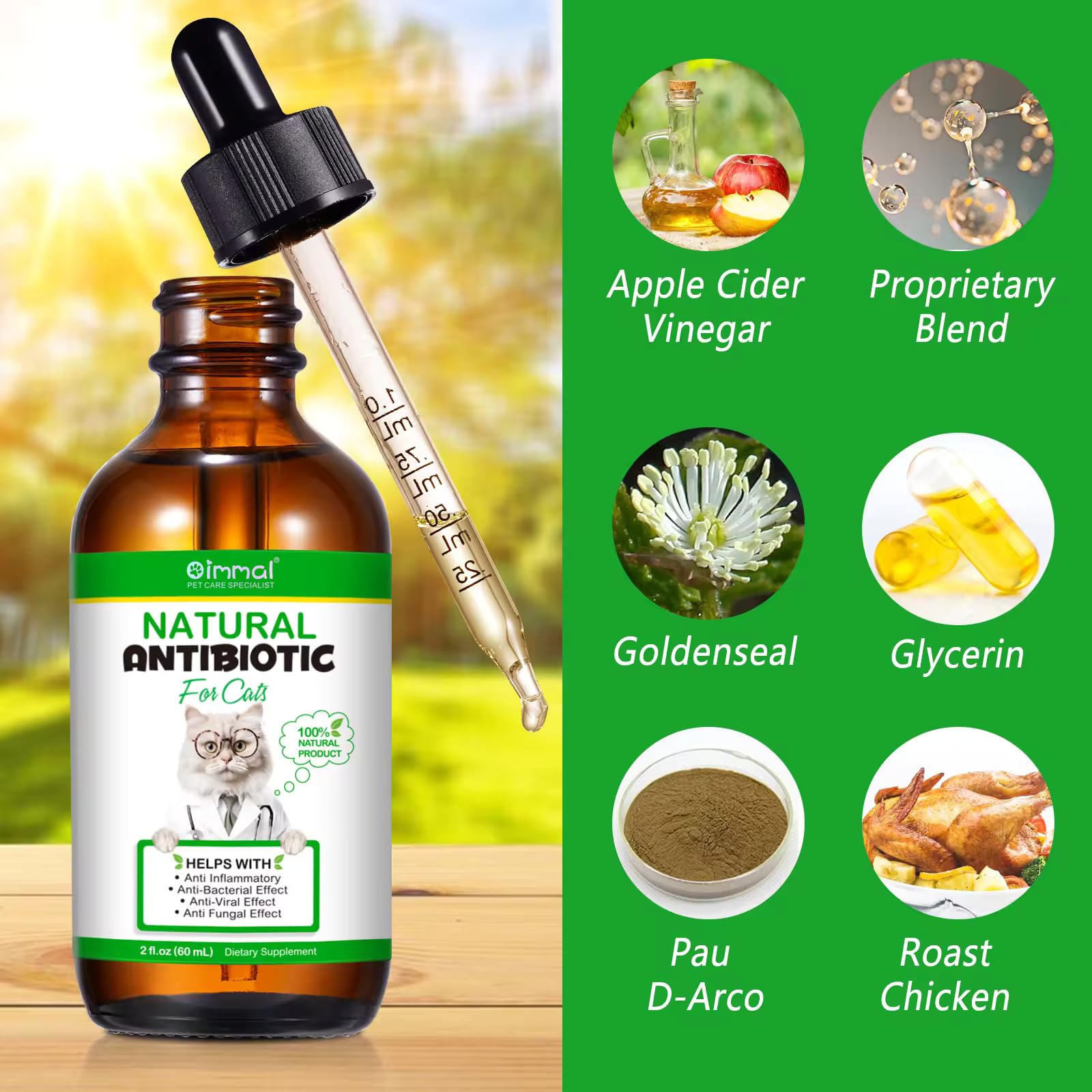 Zenpaws natural antibiotics for cats food-drops shows flexible dosing mixed with meals.