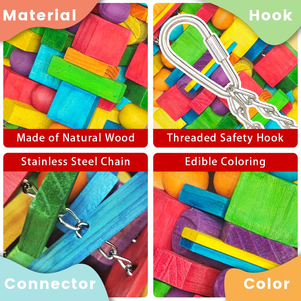 Zephyriel extra-large bird toy heavy-duty construction withstands powerful beaks during play.