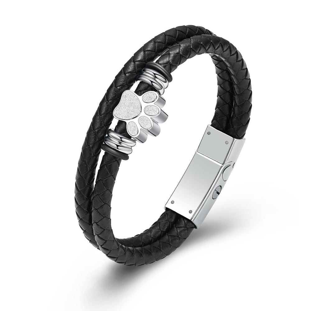 zeqingjw paw print urn bracelet closeup showing durable leather and steel for daily remembrance