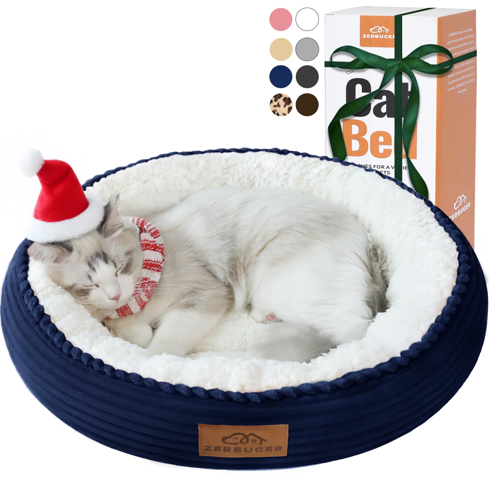 Zerbuger 20in round cat bed in navy with plush donut design for cozy lounging.