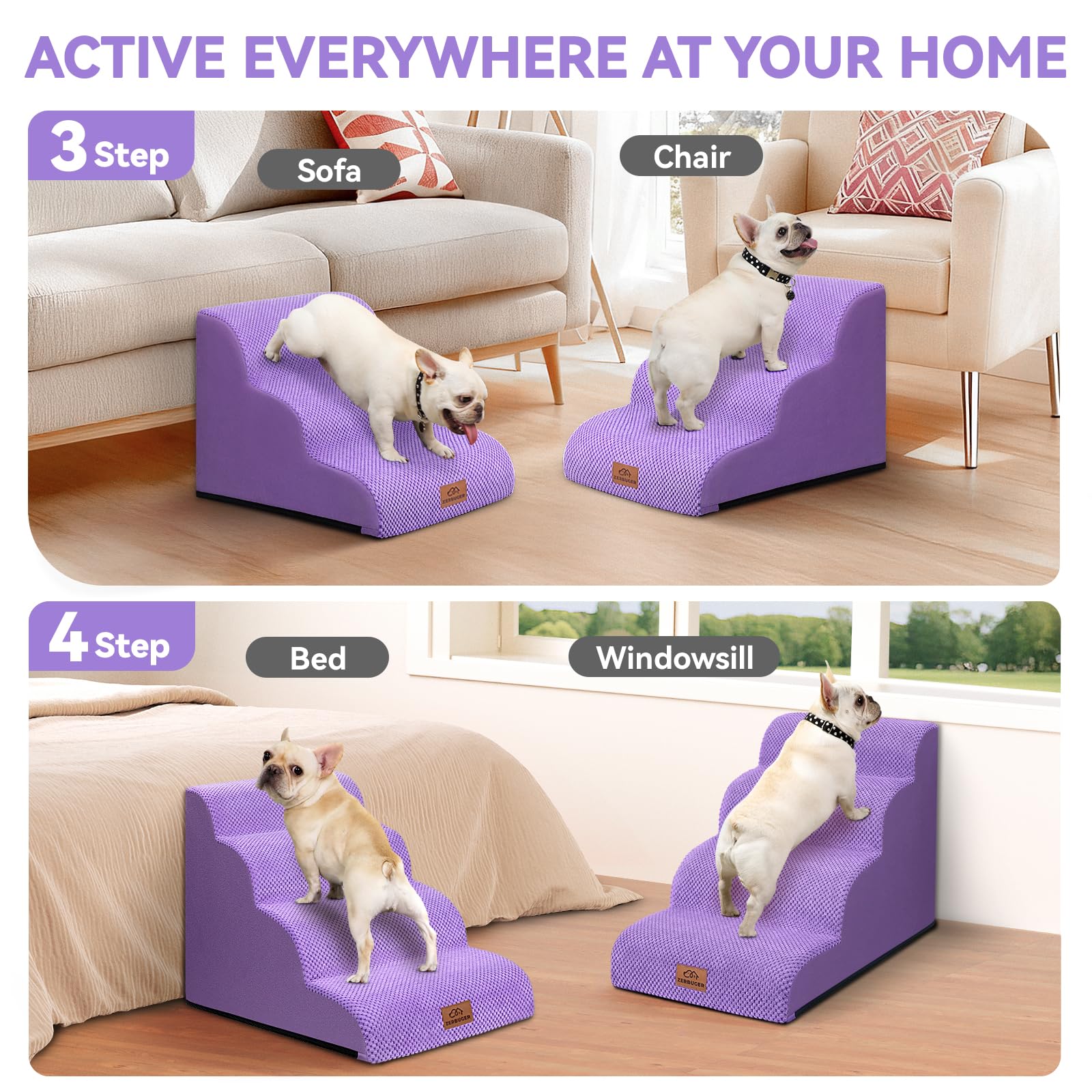 Zerbuger 3-step dog stair for sofa purple improves safe climbs