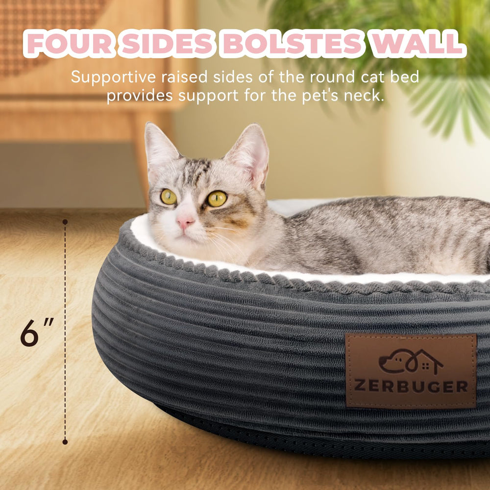 Zerbuger cat bed round bolster provides edge support for secure lounging.