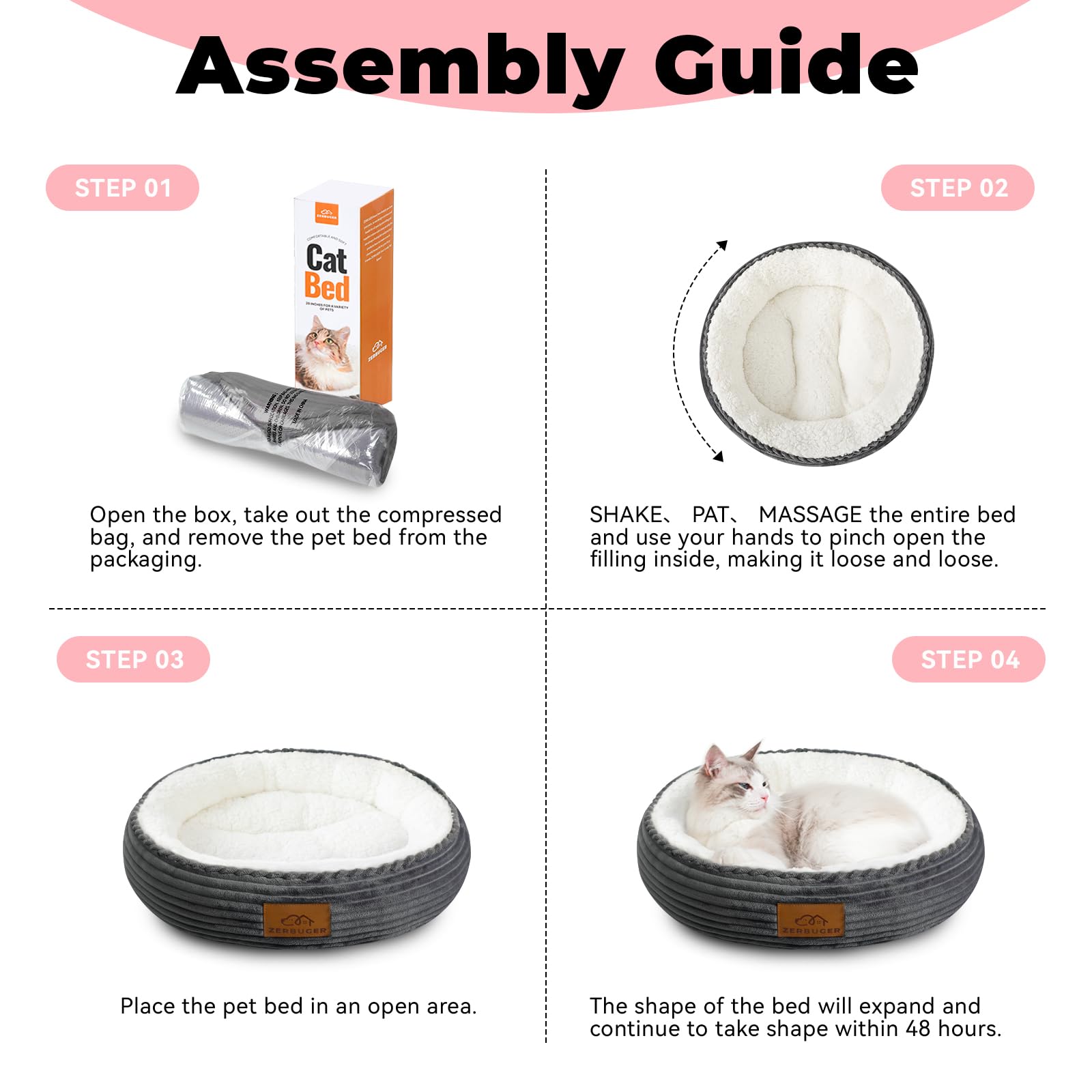 Zerbuger cat bed size guide shows options for kittens and small pets.
