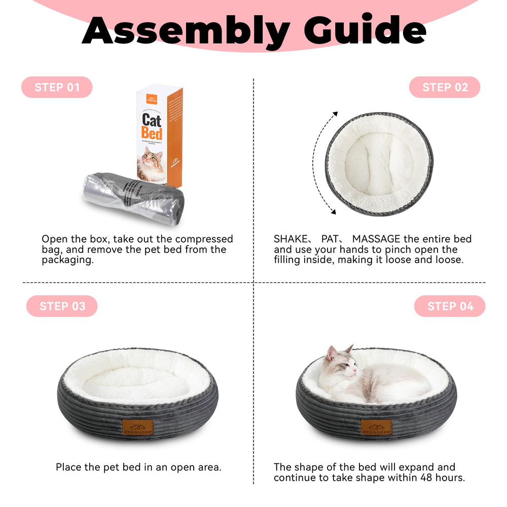 Zerbuger cat bed size guide shows options for kittens and small pets.