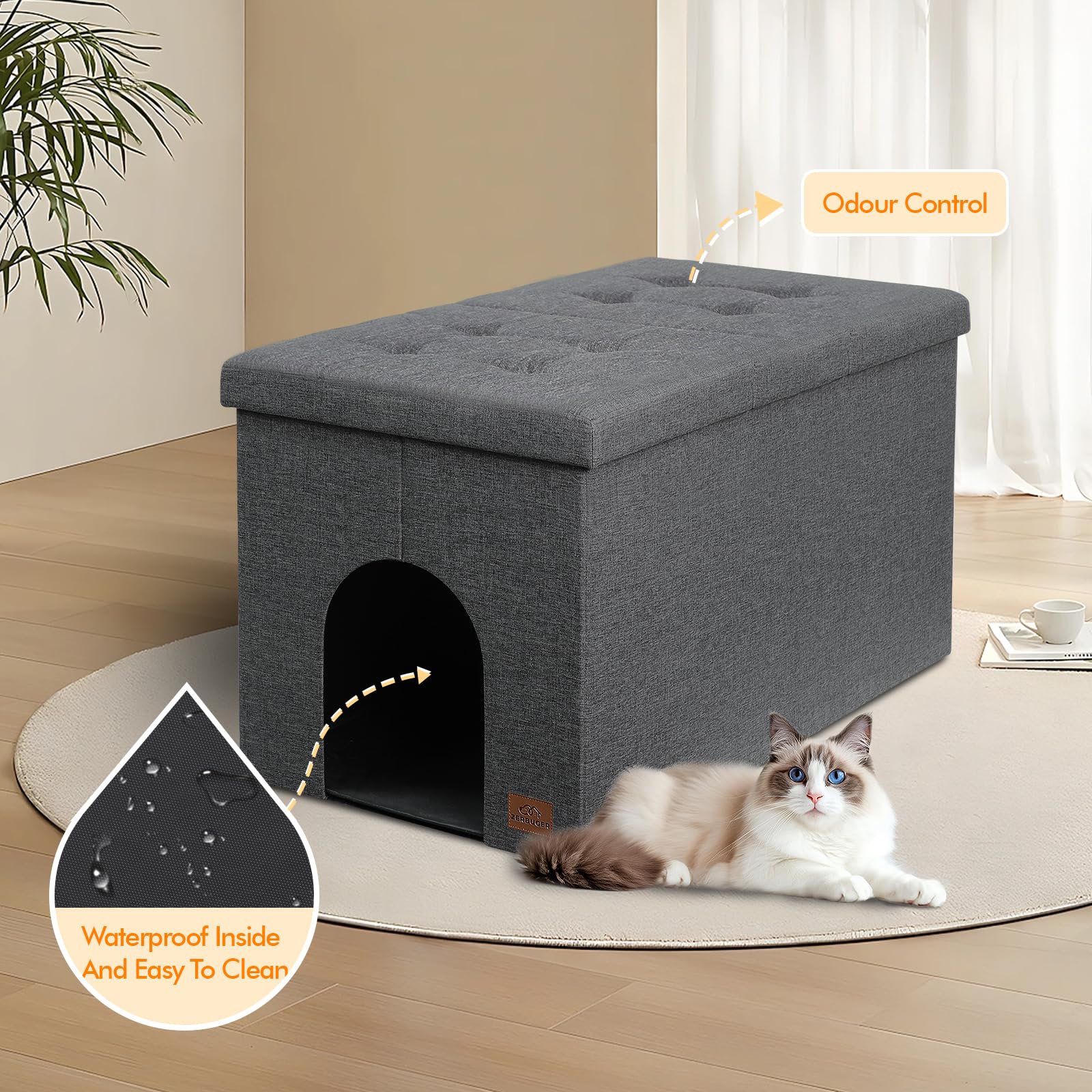 Zerbuger cat litter box enclosure ottoman design – multifunction furniture doubles as seating.