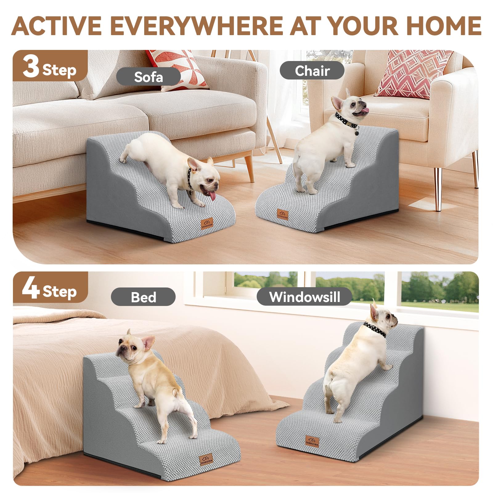 Zerbuger dog-ramp-4step-setup demonstrates stable, wide platform access for high beds.