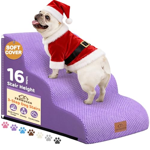 Zerbuger dog ramp on bed with purple cover provides gentle support for easy bed access.