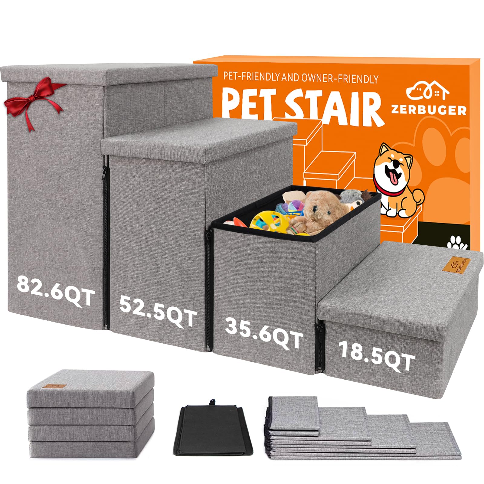 Zerbuger Dog Stairs with Storage open lid showing organized storage for pet items.