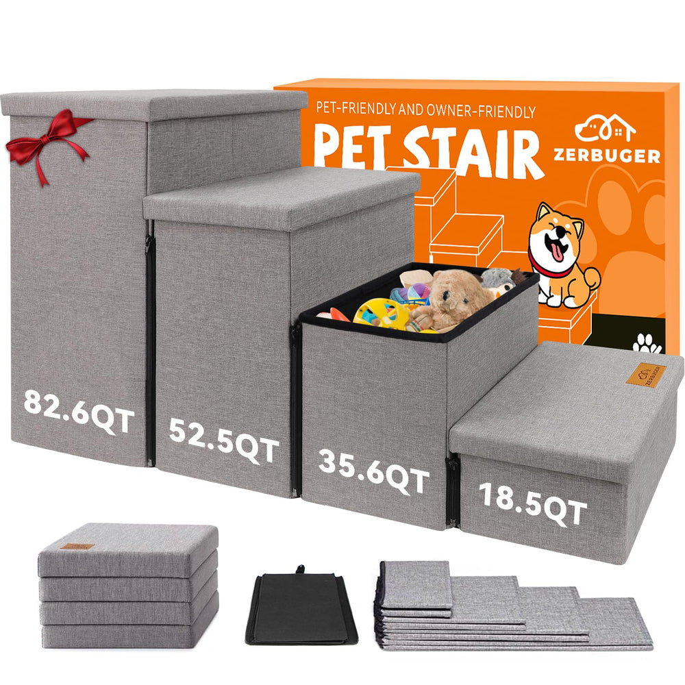 Zerbuger Dog Stairs with Storage open lid showing organized storage for pet items.