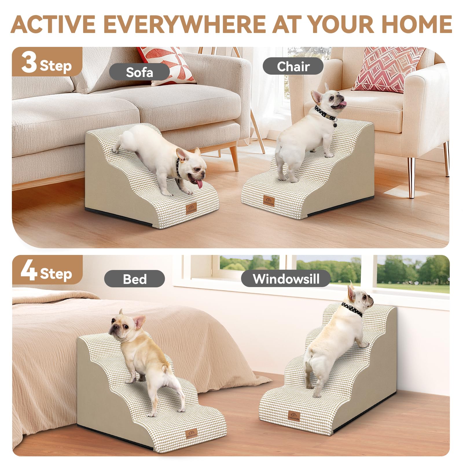 Zerbuger foam stairs 3-step on sofa highlighting wide platform stability