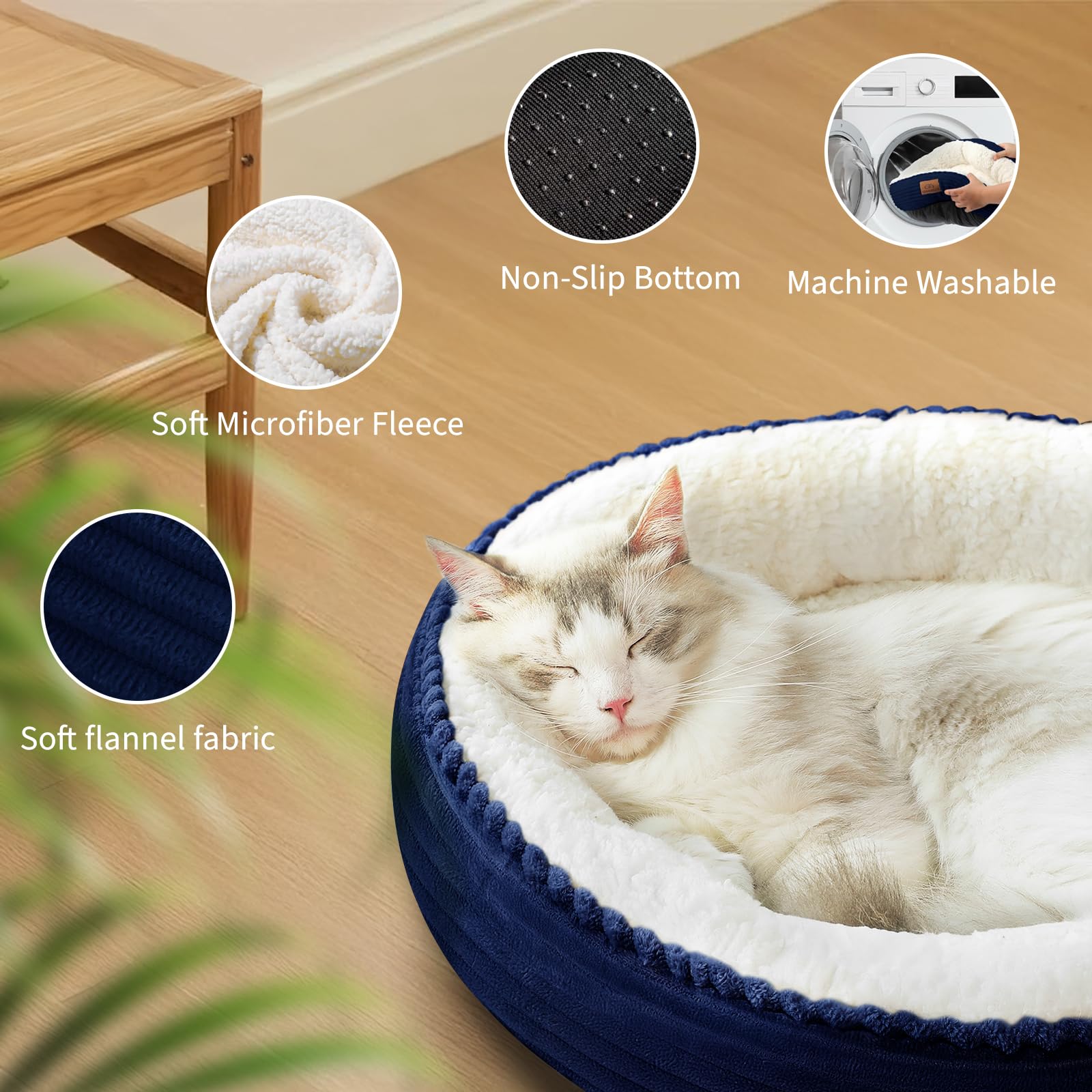 Zerbuger navy round donut bed placed in a bedroom for a cozy retreat.