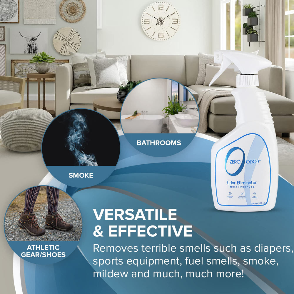 Zero Odor bathroom scene with scent-free spray for fresh air