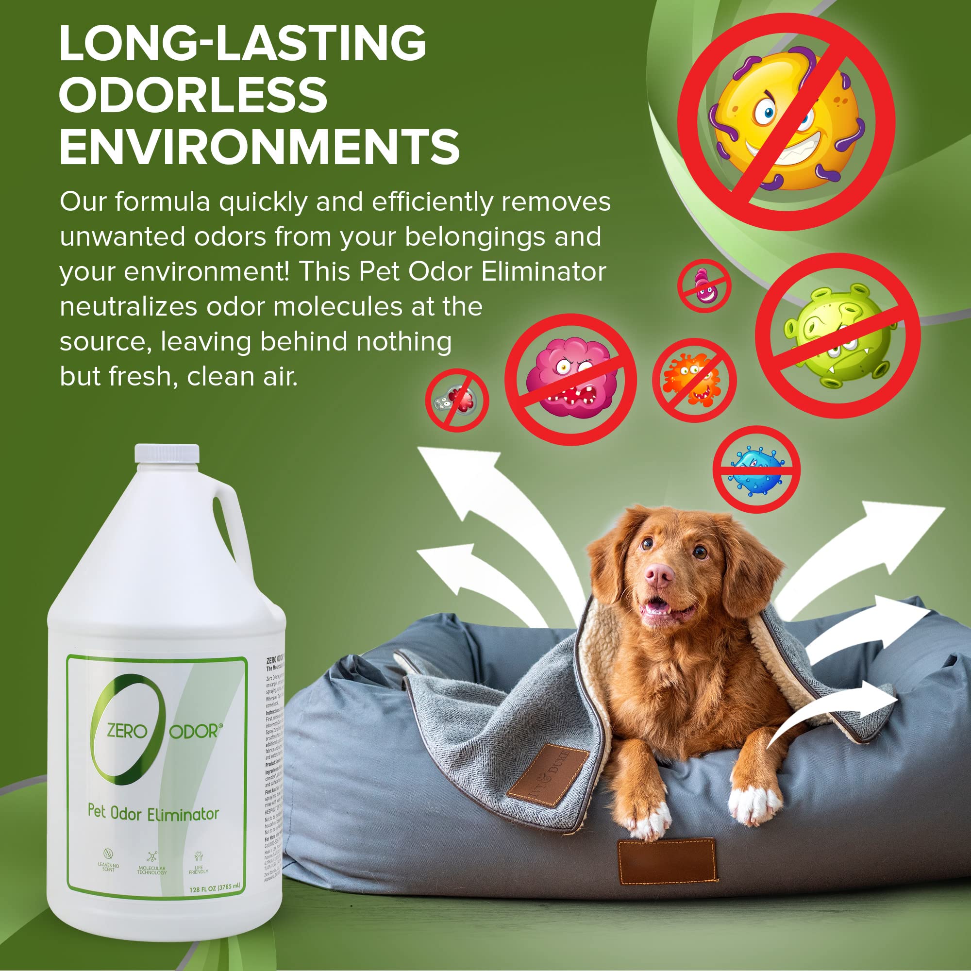 Zero Odor biodegradable non-toxic safety highlights eco-friendly odor control for homes.