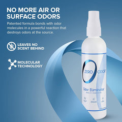 Zero Odor mist on bathroom surface for quick odor elimination.