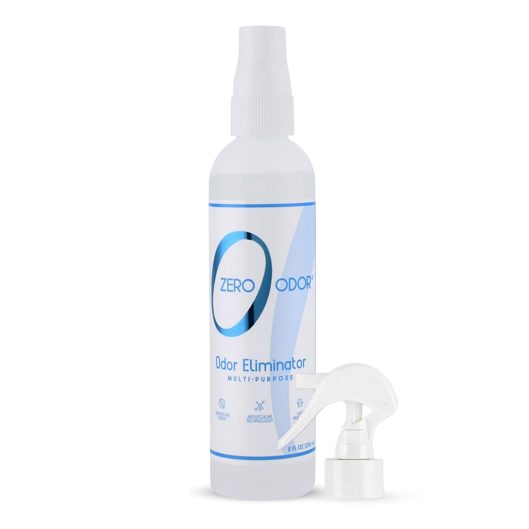Zero Odor bottle 8oz with spray action demonstrating long-lasting room freshness.