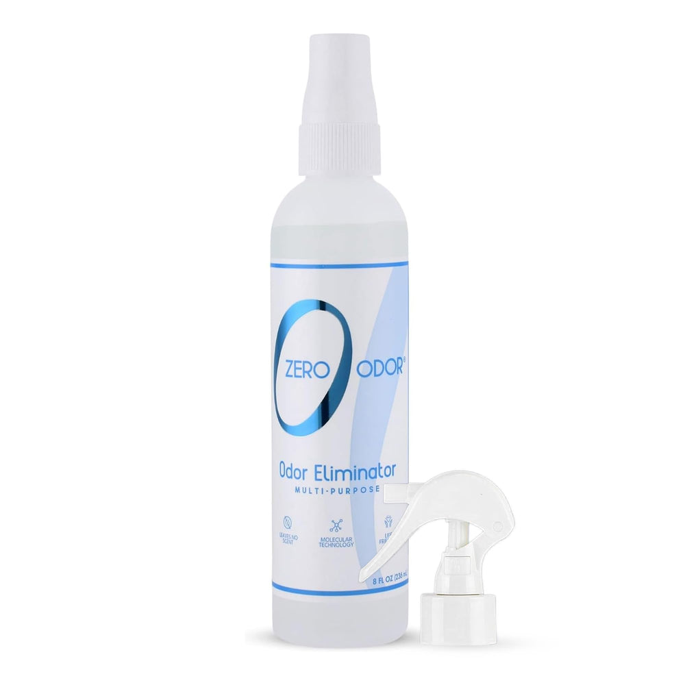 Zero Odor bottle 8oz with spray action demonstrating long-lasting room freshness.