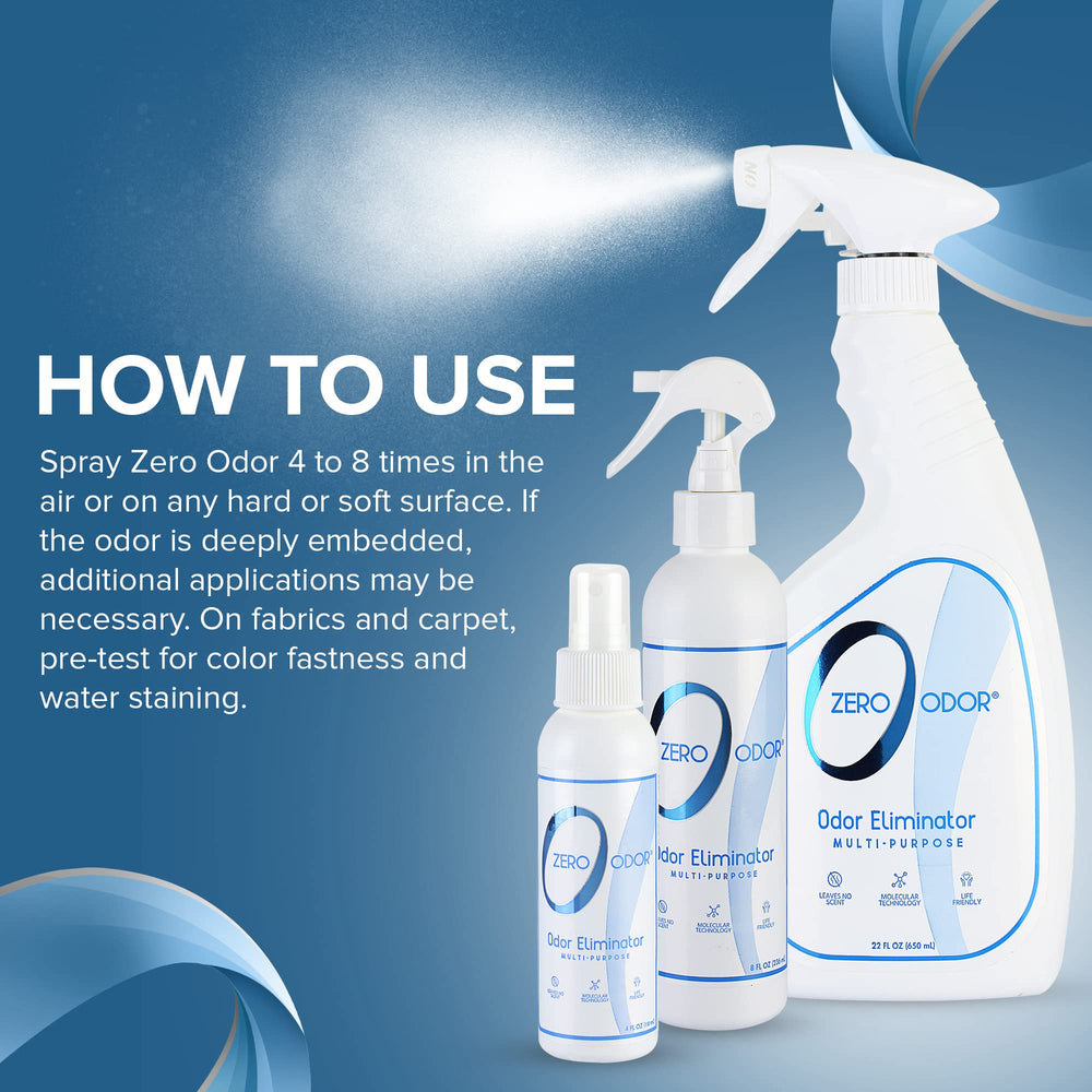 Zero Odor multi-purpose spray kit demonstrates versatile odor control across spaces.