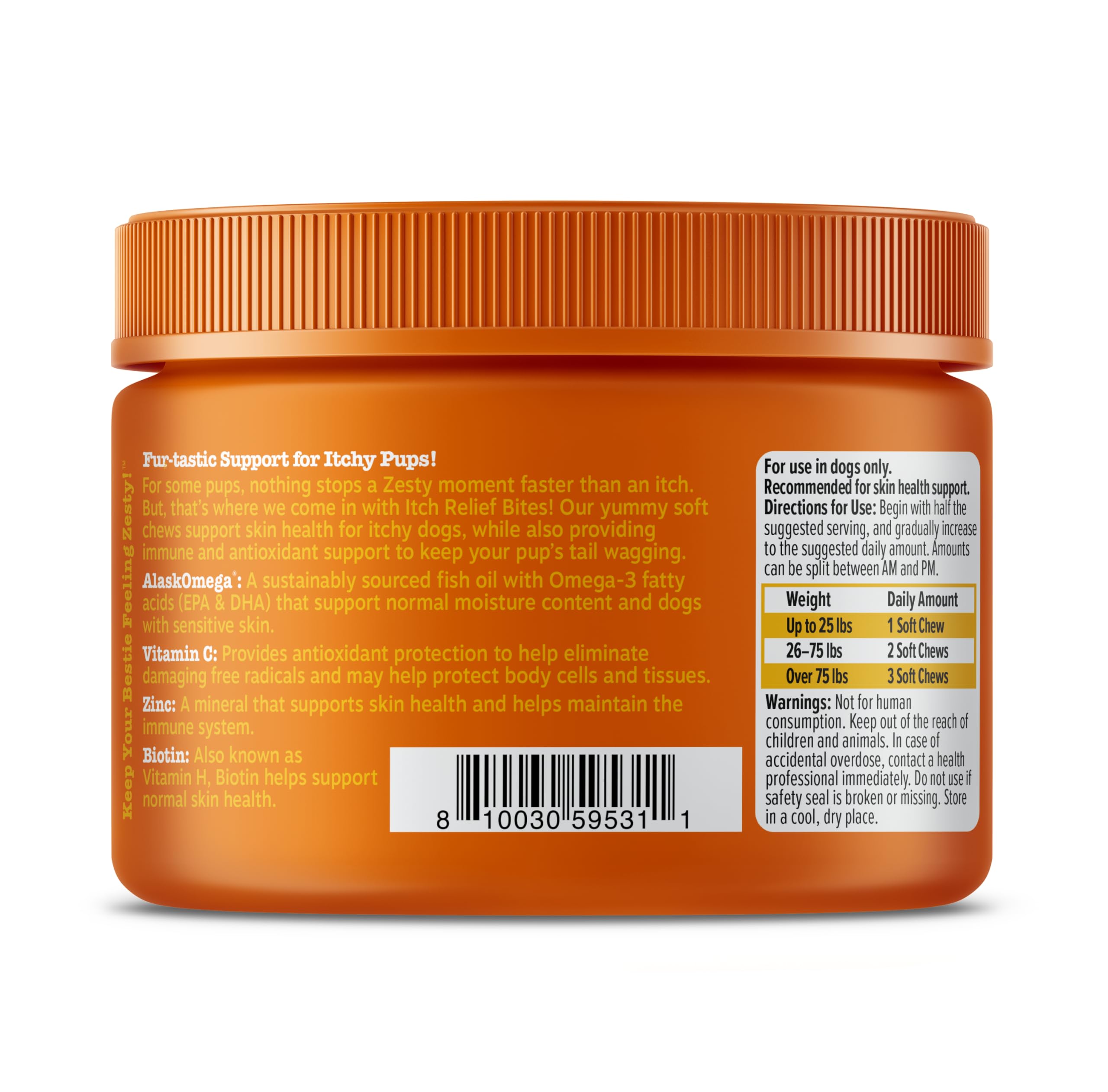 Zesty Paws 50-count bottle ready for daily consumption.