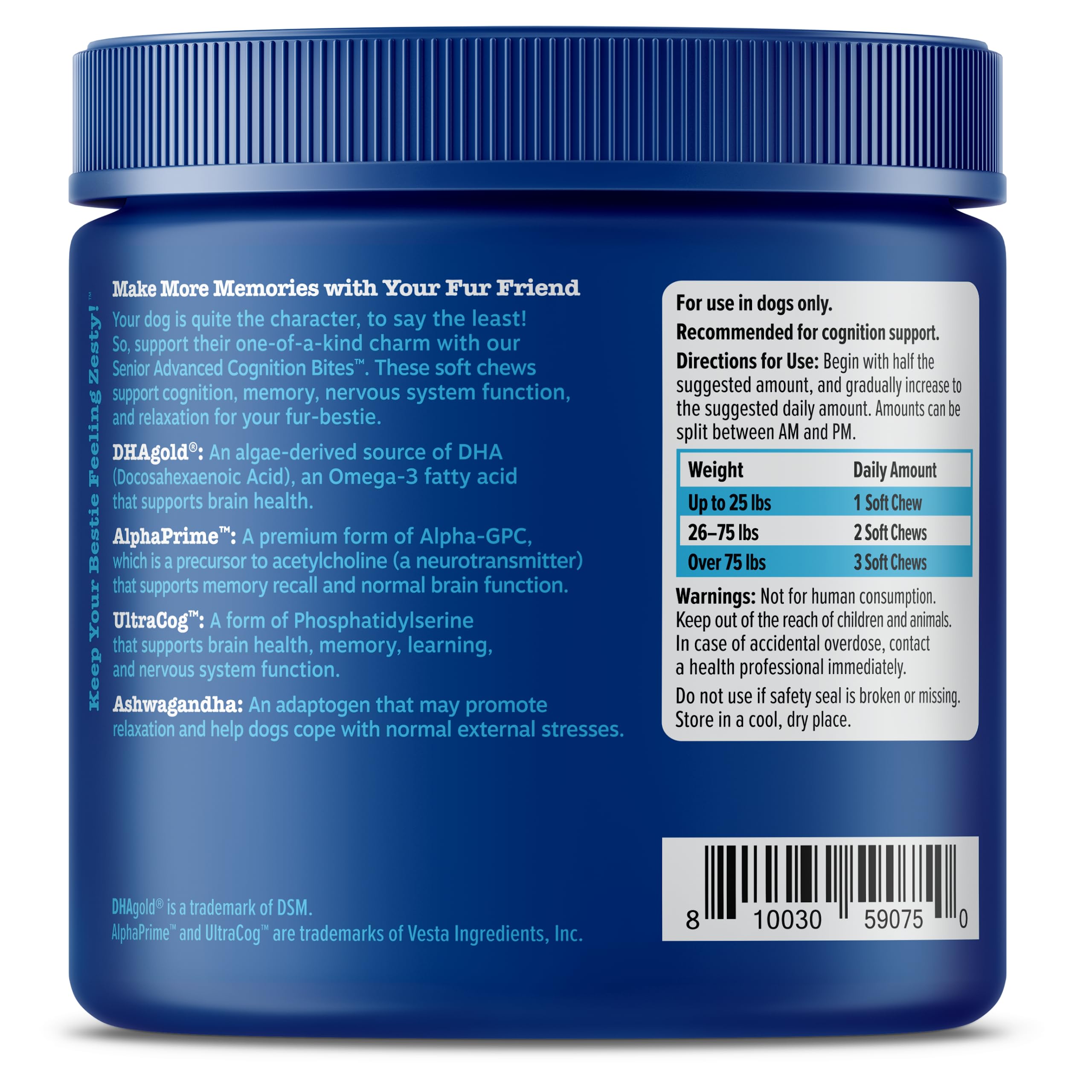 Zesty Paws Advanced Cognition ashwagandha sensoril closeup signals stress-relief and focus potential