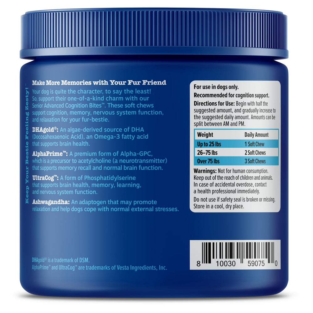 Zesty Paws Advanced Cognition ashwagandha sensoril closeup signals stress-relief and focus potential