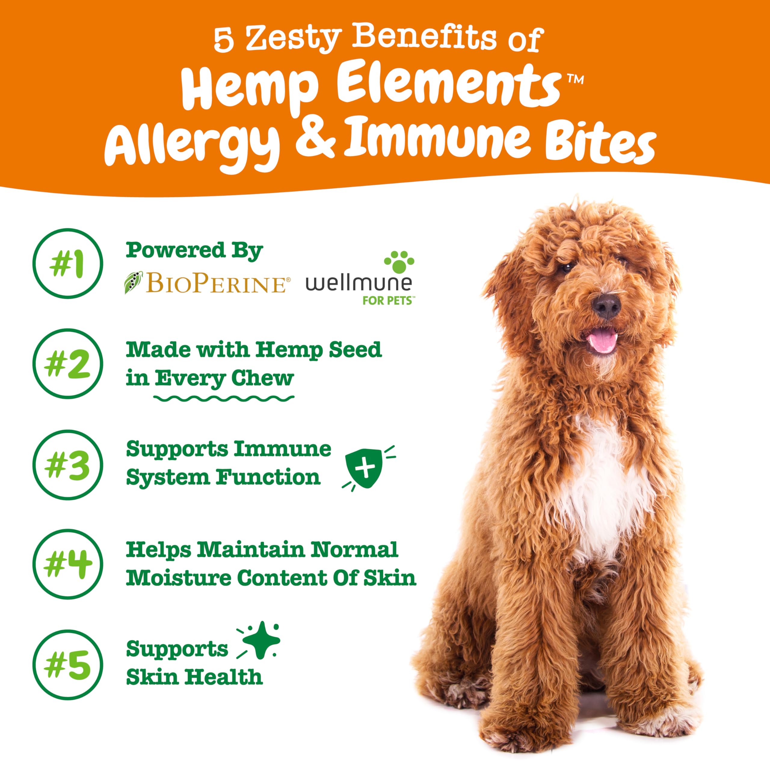 Zesty Paws Aller-Immune Bites packaging highlights hemp seed and turmeric blend.