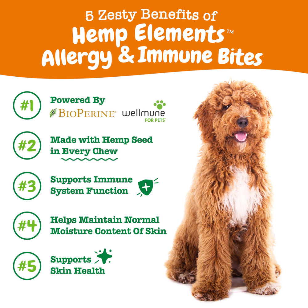 Zesty Paws Aller-Immune Bites packaging highlights hemp seed and turmeric blend.