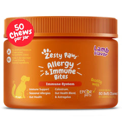 Zesty Paws Allergy Relief Chews bottle with lamb flavor supports itchy skin and digestion.