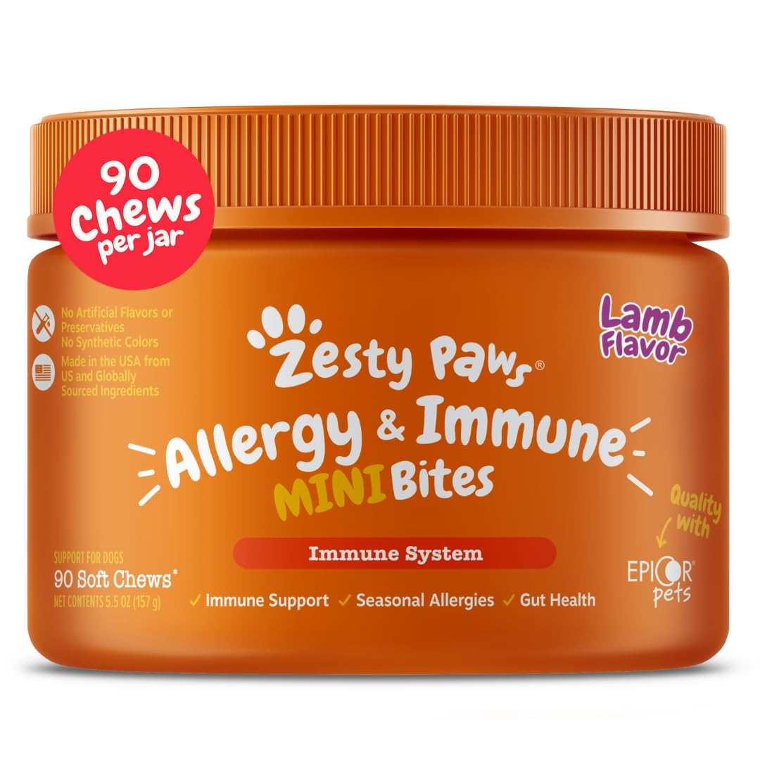 Zesty Paws allergy relief chews tub—90ct highlighting lamb flavor for itchy skin relief