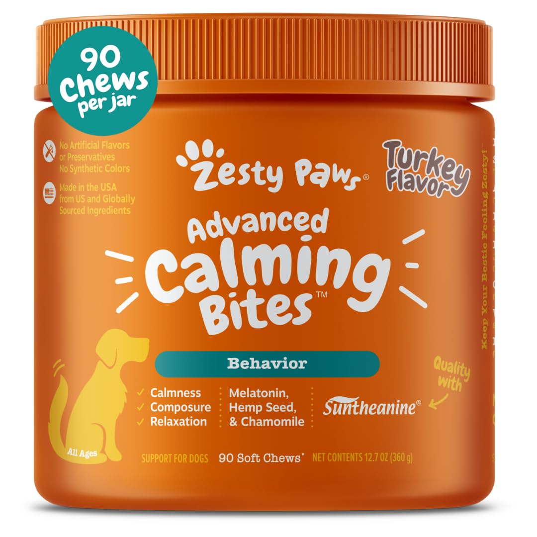 Zesty Paws Calming Chews bottle closeup highlighting turkey flavor for daily stress support.