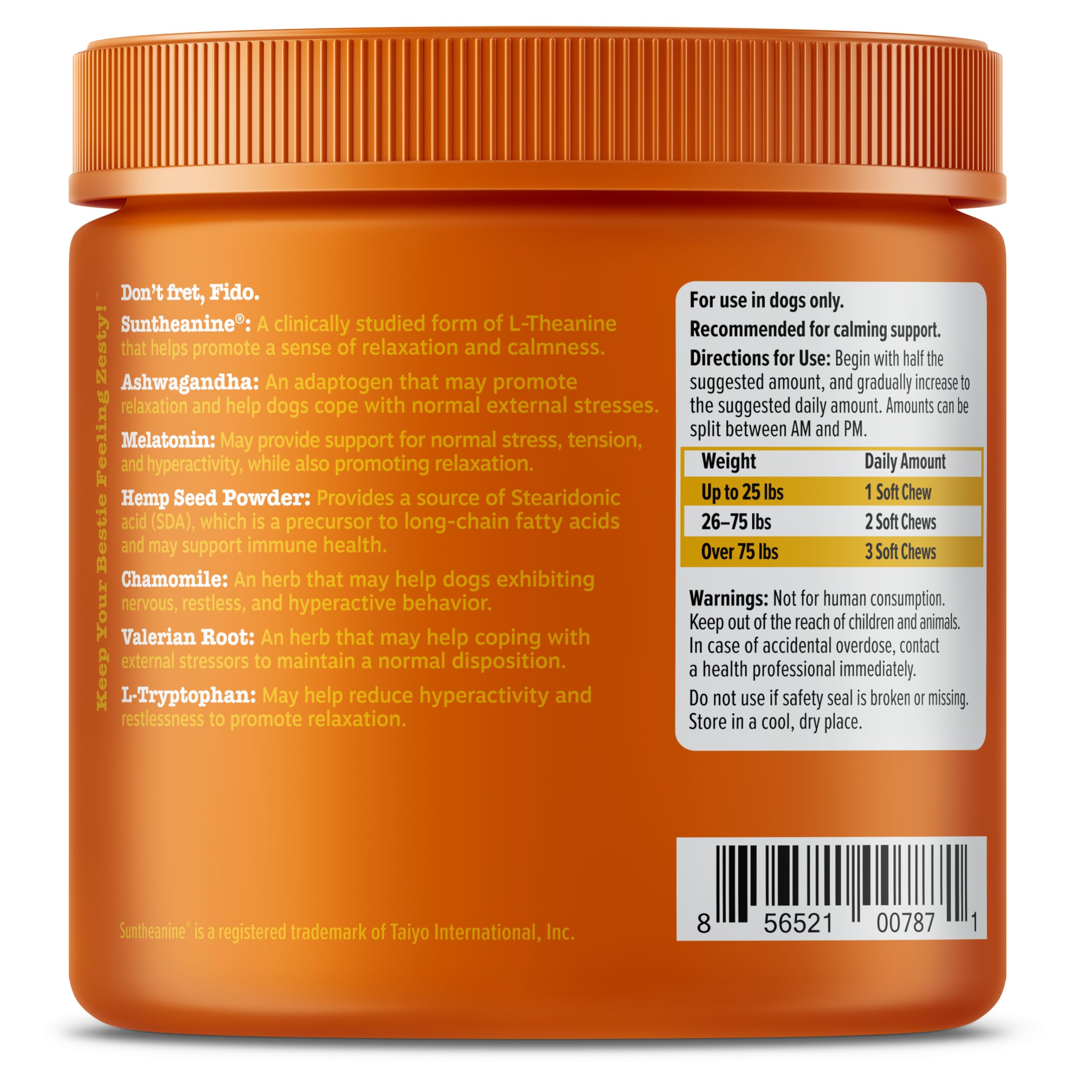 Zesty Paws Calming Chews closeup featuring valerian and passionflower for natural relaxation.