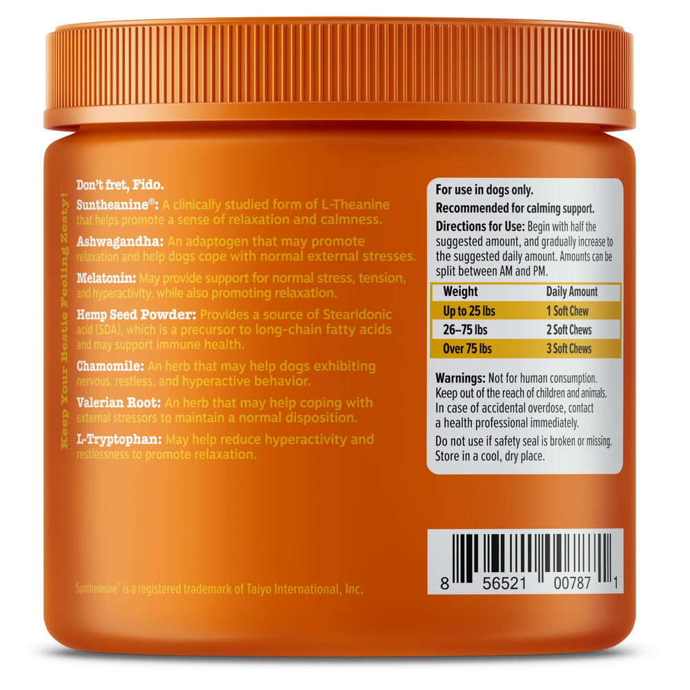 Zesty Paws Calming Chews closeup featuring valerian and passionflower for natural relaxation.