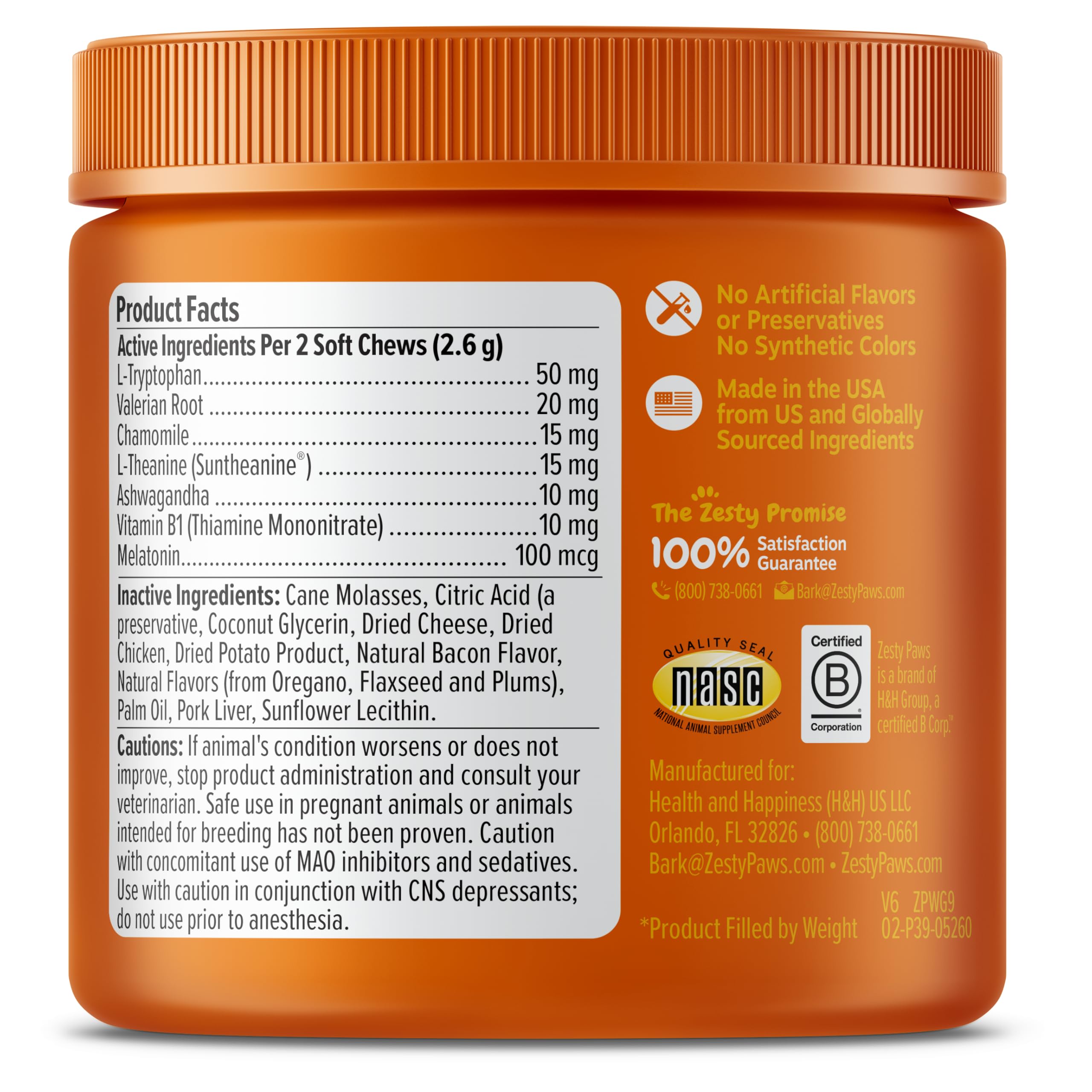 Zesty Paws Calming Chews, ingredientes clave como ashwagandha y L-teanina.
