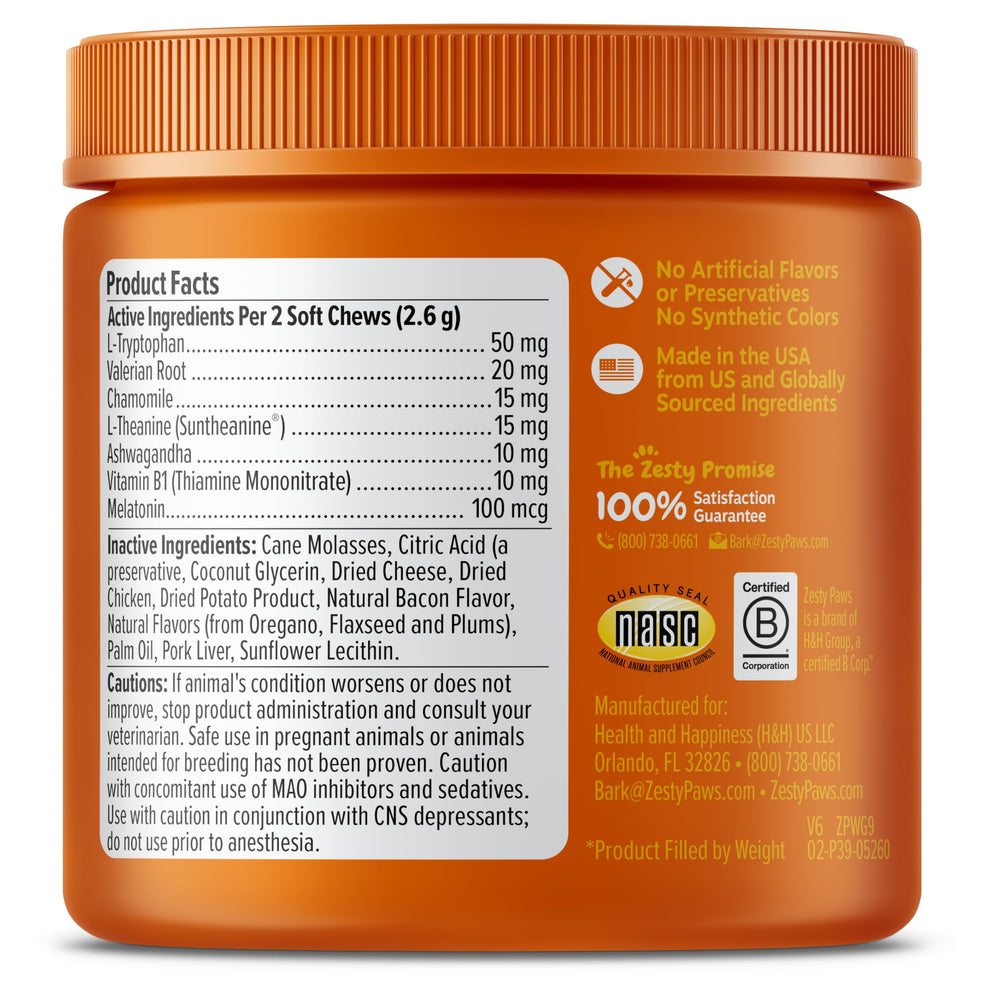 Zesty Paws Calming Chews, ingredientes clave como ashwagandha y L-teanina.